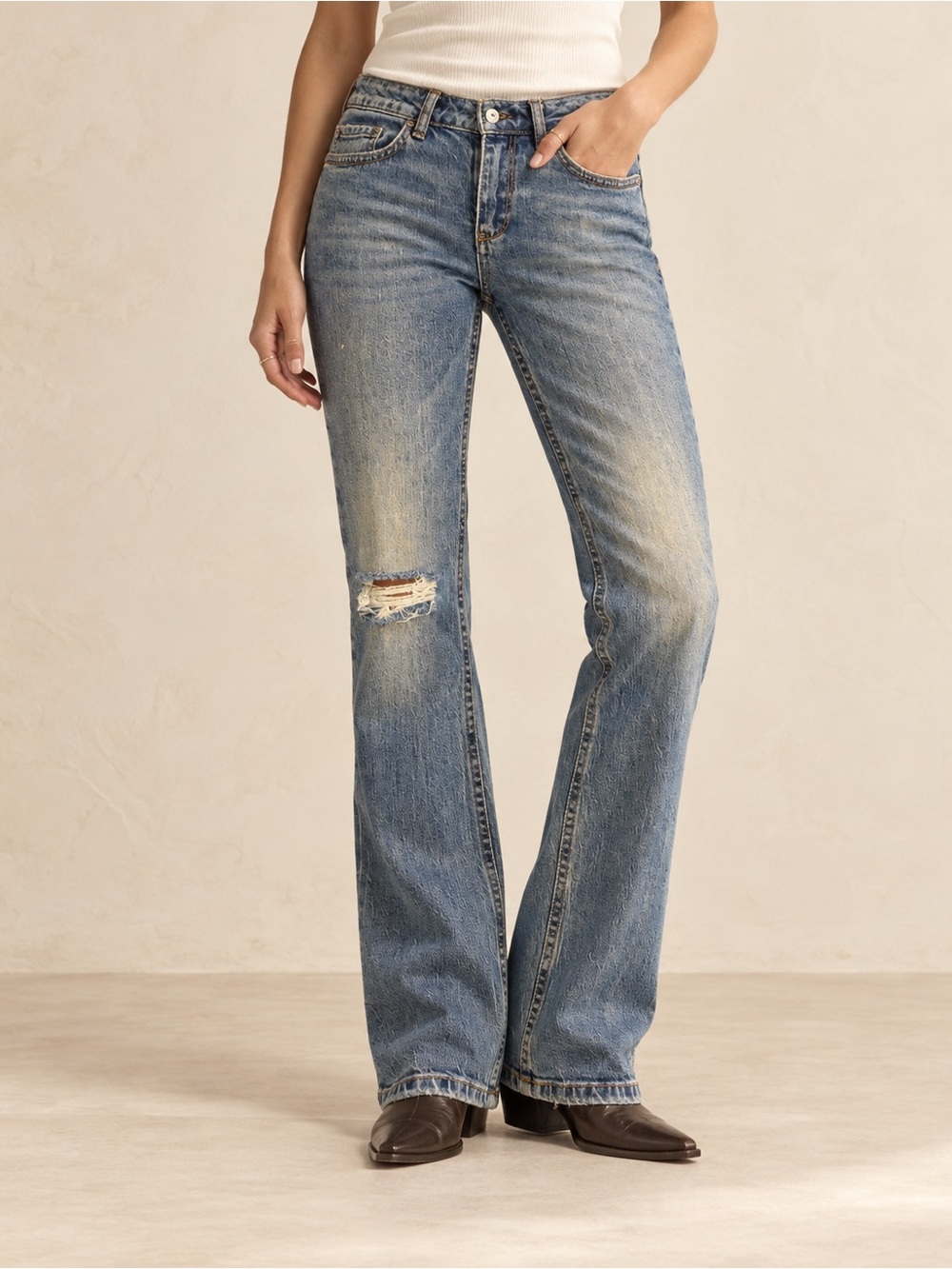 Pilcro by Anthropologie Light Blue Flare Jeans with Distressed Knee